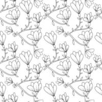 Botanical seamless pattern. Magnolia flowers on branches with leaves. Hand drawn black and white print. vector
