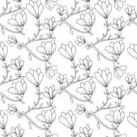 Botanical seamless pattern. Magnolia flowers on branches with leaves. Hand drawn black and white print. vector