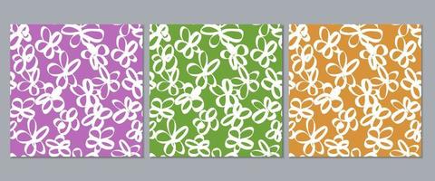 Set of three seamless abstract floral patterns. purple green and orange background with white hand drawn flowers