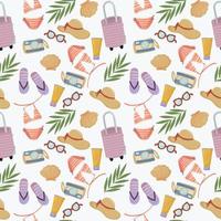 Seamless pattern with summer things and objects. beach accessories with bathing suit, flip flops and sunglasses vector