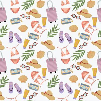 Seamless pattern with summer things and objects. beach accessories with bathing suit, flip flops and sunglasses