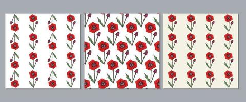 A set of botanical seamless patterns of their stylized poppies. Floral modern vector print