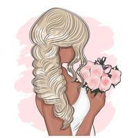 joven y hermosa novia con un elegante vestido de novia y un ramo de rosas con cabello lujoso, ilustración vectorial para su diseño, invitación, tarjeta de saludo, plantilla, estampado textil vector