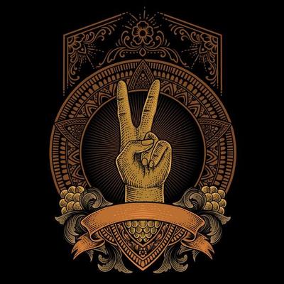 illustration peace finger with engraving ornament style