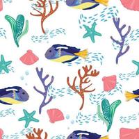 Seamless pattern with a royal blue tang fish and underwater elements. vector