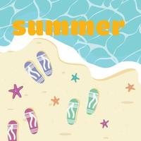 Summer illustration with flip flops on the sand next to the water. Holiday summer beach background. vector