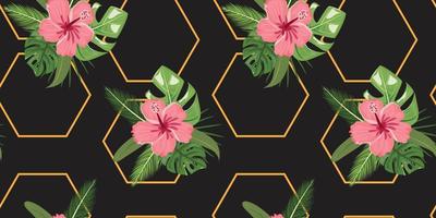 Hibiscus floral seamless pattern on black background. Geometrical pattern with flowers. vector