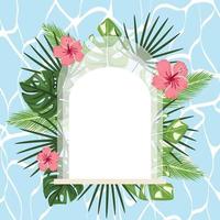 Template with colourful tropical leaves and hibiscus frame for decorative design on water background. Holiday banner, frame, border design. For cards, invitations, backgrounds, advertisements. vector
