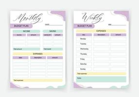 Set of budget planners for month and week. Minimalist simple printable planner. vector