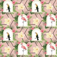 Beautiful tropical seamless pattern with flamingo, toucan in the nature. Tropical pattern for textile, wrapping paper, surfaces design, packaging, woman clothes. vector