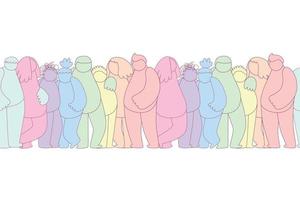 horizontal seamless border group of abstract diverse people. Friends, coworkers,volunteer standing, hugging together. Cartoon doodle characters. Teamwork, togetherness, friendship concept vector
