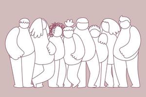 Group of simple diverse people. Friends, coworkers,volunteer,team are standing, hugging together. doodle characters are united general ideas. teamwork, reconciliation, friendship concept vector