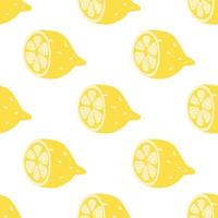 Hand drawn seamless pattern with yellow lemon fruit. Summer retro fabric design, cartoon illustration, vector background.
