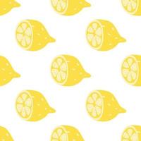 Hand drawn seamless pattern with yellow lemon fruit. Summer retro fabric design, cartoon illustration, vector background.