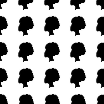 Black females silhouettes, face profile, vignette. Afro woman in profile. Hand drawn vector seamless pattern on white background. Design for invitation, greeting card, vintage style.