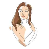 Line art beautiful woman drawing in modern style vector illustration.Minimal art design.Young girl portrait continuous line art with pastel spots