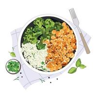 Chickpeas with rice and broccoli bowl top view,cartoon realistic drawing,vector illustration isolated on white background.Healthy vegetarian food concept.Vegan plate with beans and vegetables. vector