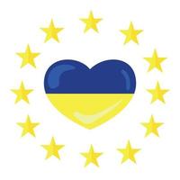 Ukrainian flag in the shape of a heart in a frame of twelve stars of the European Union,vector illustration on a white background.Ukrainian heart symbol,support and solidarity concept. vector