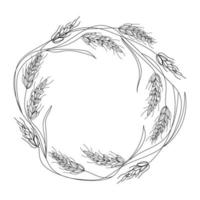 Wreath Round frame made of wheat or rye ears sketch drawing vector illustration isolated on white background.Outline frame with place for text,border hand drawn in Doodle style, black and white