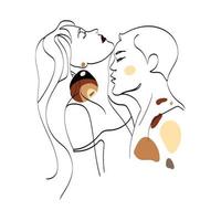 Minimalistic face line art couple man and woman kissing Vector outline illustration on white background.Male and female.One line drawing.Romantic poster.Man kissing a woman Abstract drawing