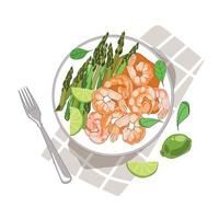 Fried prawns or shrimps with green asparagus peaks and a lime slice on plate.Top view,vector illustration isolated on white background.Cartoon realistic drawing.Healthy food concept.Salad with shrimps vector