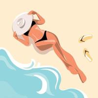 Woman in hat sunbathing on the beach near the sea or ocean.Summer vector vacation concept.Top view of young girl in black swimsuit bikini vector illustration.Trendy design.