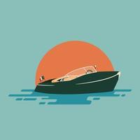 Illustration of a retro boat in the flat style. Boat on the background of the sun. vector