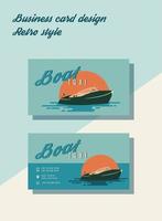 Business card design for a boat taxi in retro style. Speedboat logo. Speedboat on the background of the sun. vector