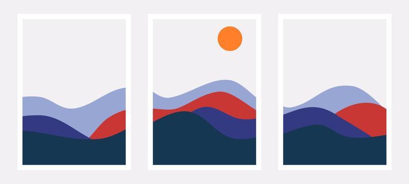 Set of trendy minimalist landscape abstract contemporary collages, mountains wave wall art poster design