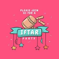 Ramadan Kareem Iftar Invitation Design Hand Drawn with pink background. vector