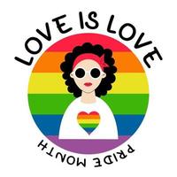 LGBT Pride Month. love is love. Beautiful lesbian girl on round LGBT pride flag in Rainbow colors. LGBTQ Symbol. Human rights and tolerance. Vector illustration. Groovy celebration.