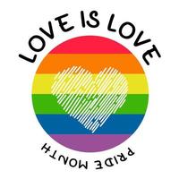 LGBT Pride Month. love is love. LGBTQ Symbol with LGBT pride. Round flag Rainbow colors with heart. Vector illustration. Gay Pride Month, groovy celebration. Flat design signs on white background.