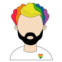 LGBTQ Symbol. Gay man with LGBT rainbow flag hair. GBTQ pride flag in rainbow colors. Human rights and tolerance. Vector