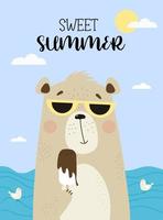 Cute bear at sea in sunglasses eating ice cream. Vector illustration. Poster - sweet summer with animals for kids collection, postcards, design, print, decoration for bedroom and nursery rooms