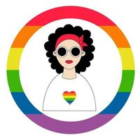 lesbian girl on round LGBT pride flag in Rainbow colors. LGBTQ Symbol. vector