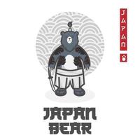 logotipo de ilustración de dibujos animados de oso japonés con tatuaje y espada vector