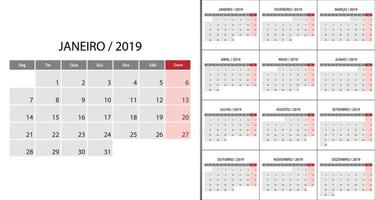 Calendar 2019 week start on Monday vector