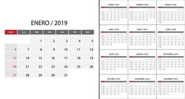 calendario 2019 semana comienza el domingo. vector