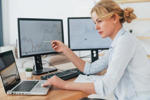 Using pen to point the mark on graph. Female stock broker in formal wear is working in the office photo