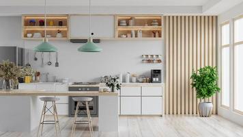 Modern white kitchen interior with furniture,kitchen interior with white wall. photo