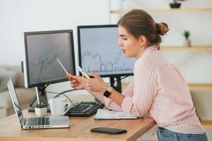 Using smartphone. Female stock broker in casual clothes is working in the office by pc photo