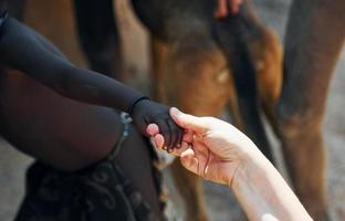 Touching hands, greetings gesture. Tourists is in Namibia with African kids photo