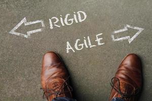 Project approach - the words Rigid and Agile written on the floor, with arrows pointing in opposite directions photo