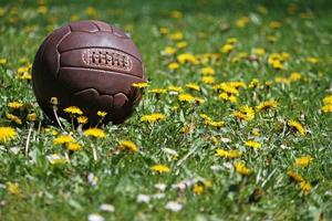 fútbol de cuero retro en un campo de hierba foto