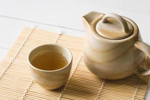 Hot Green Tea Served on Table in Restaurant photo