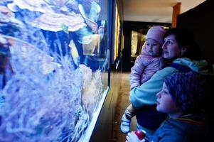 Mother with kids discovering and watching at fishes in aquarium zoo. photo