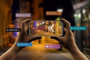 Finding hotels and other tourist facilities in the city with 3d navigation app based on augmented reality technology concept. City street at night in background photo