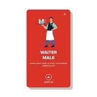 Waiter Male Hold Tray With Drink And Food Vector