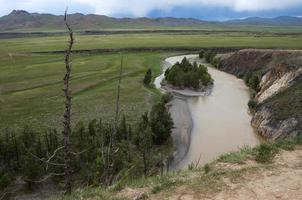 Aerial view of a green landscape with a river in central Mongolia. photo