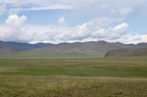 Awesome landscape in Central Mongolia. In the distance, ger or yurta, traditional mongolian tents photo